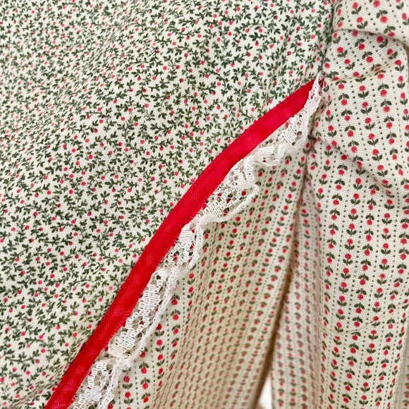 Handmade Prairie Dress Cottagecore Small Red Green Lace Puff Sleeve Vintage - Picture 5 of 7